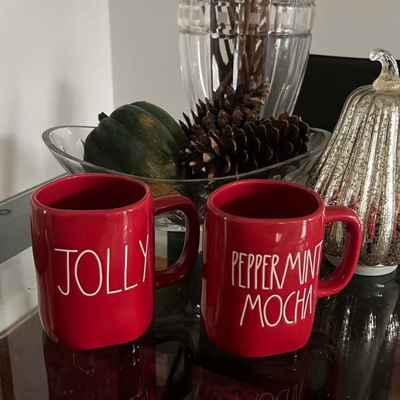 Rae Dunn red JOLLY & PEPPERMINT MOCHA holiday Christmas coffee tea mugs cups - Picture 1 of 4